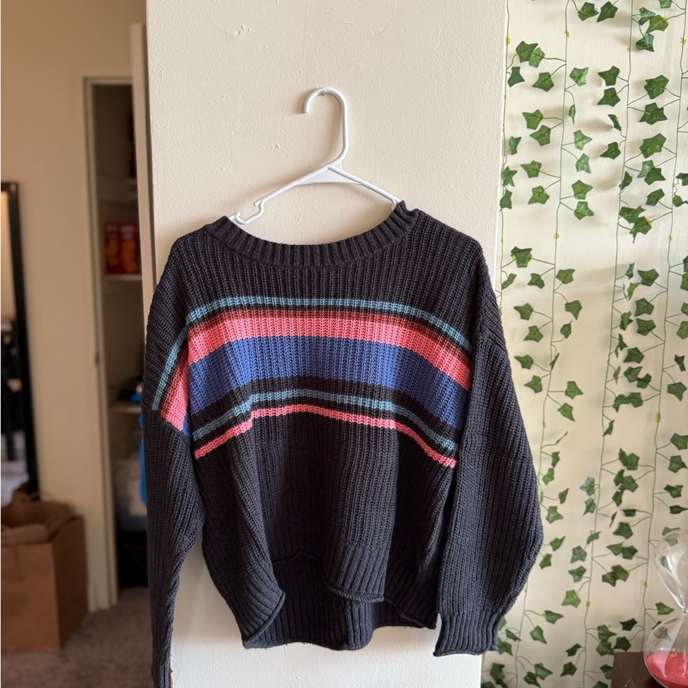 American Eagle Outfitters Black Sweater with Pink and Blue Stripes